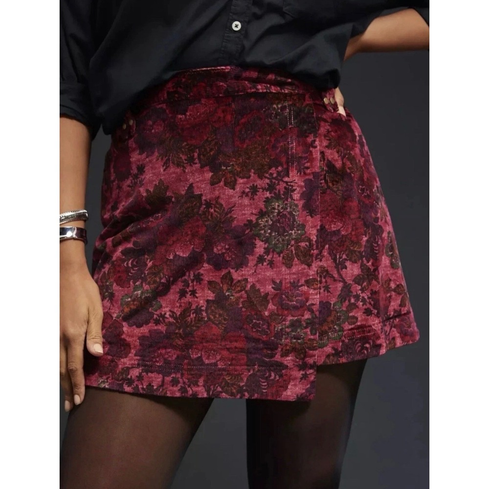 Pilcro Anthropologie Floral Corduroy Faux Wrap Mini Skirt Magenta Pink US 6